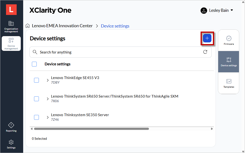 Selection view to initiate creating a device settings template