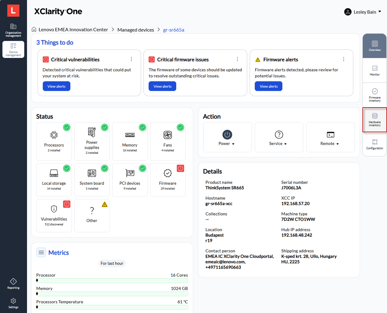 Specific Device page showing summary and location of Hardware inventory selection