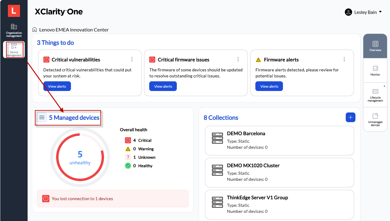 Location to select managed devices for drilling down deeper into a specific managed device