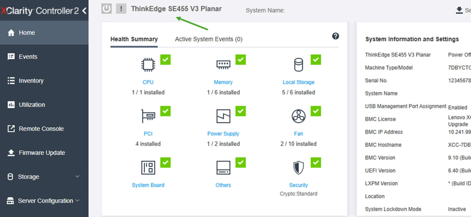 XCC2 interface showing the server configuration