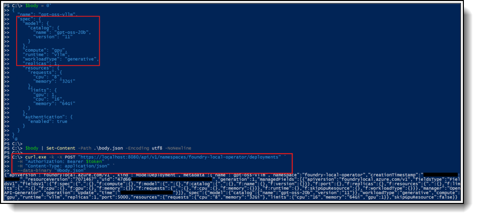 MODEL DEPLOYMENT REQUEST BODY AND LOCAL API CALL