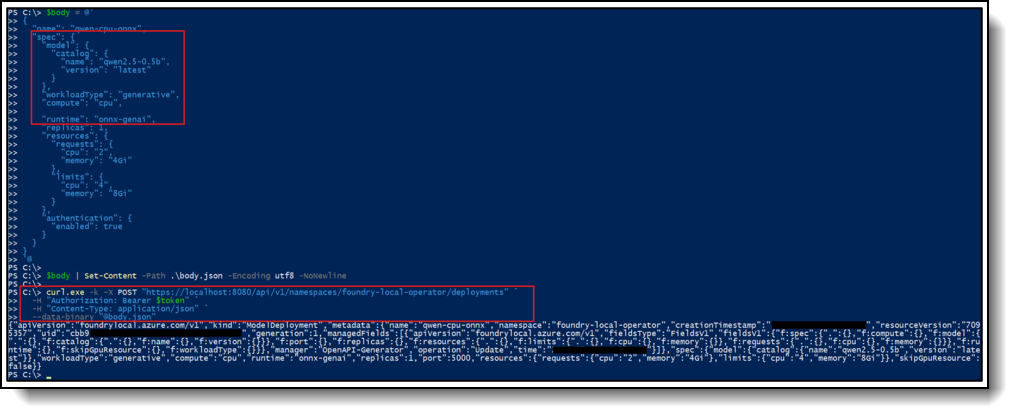 Model Deployment Request Body Using CPU Compute