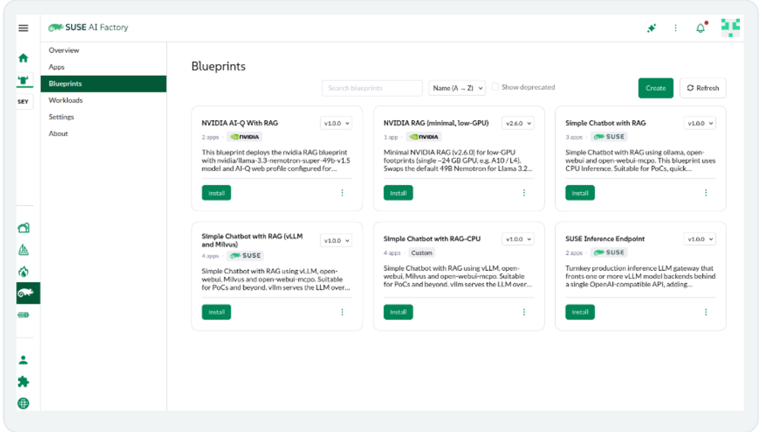 SUSE AI Factory user interface, showcasing the NVIDIA AI Blueprints